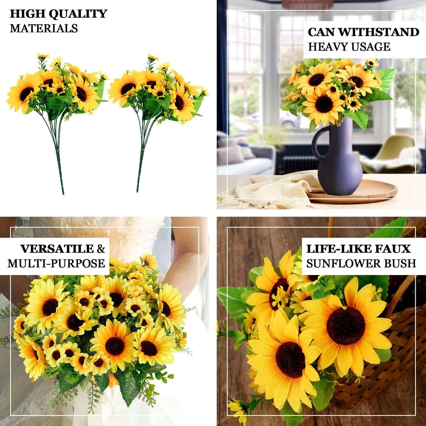 2 Bouquets Yellow Artificial Silk Sunflower Flower Bushes 13"